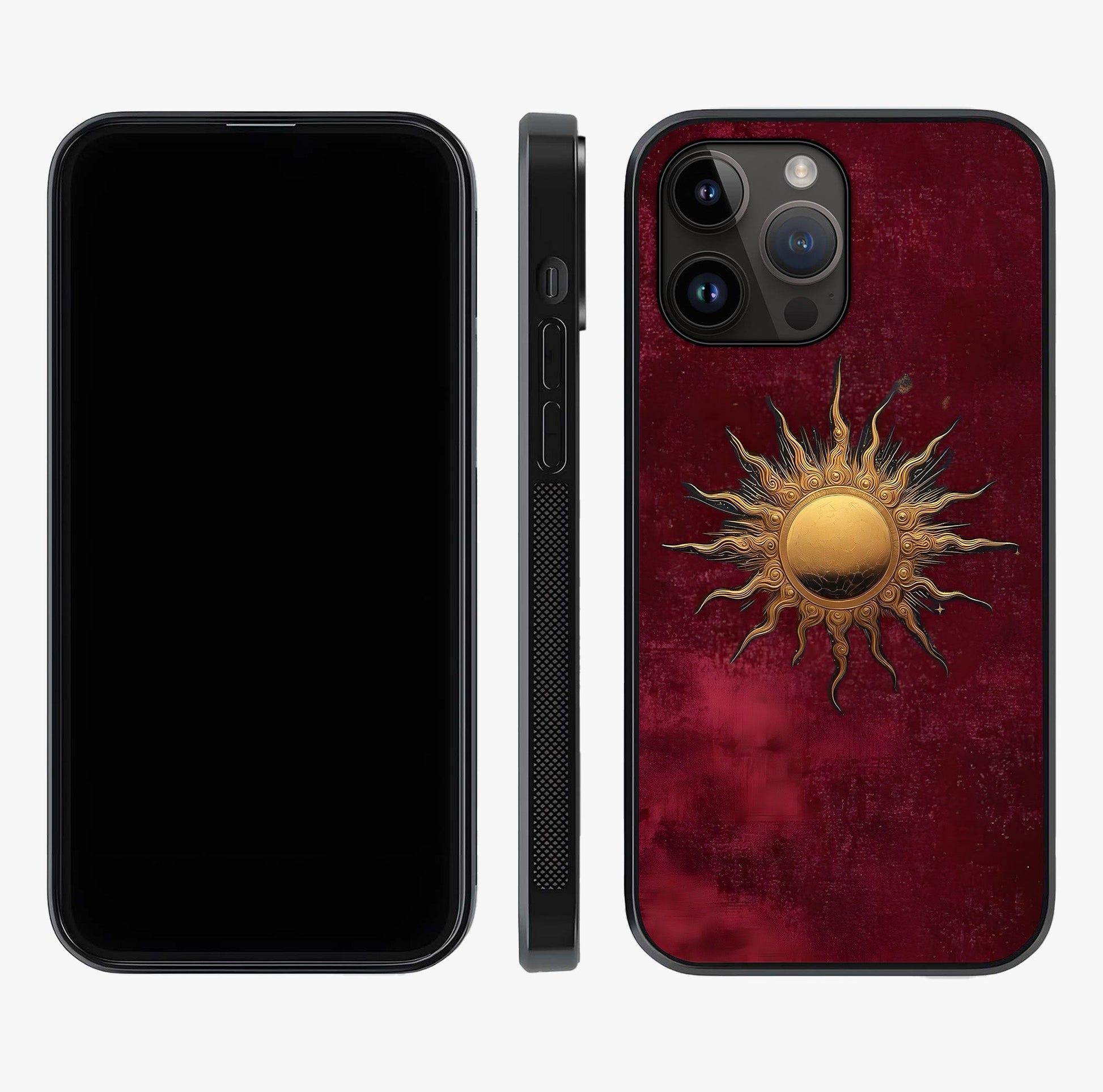 Gold Sun Blush Glass Case displayed upright for full design visibility and premium finish.