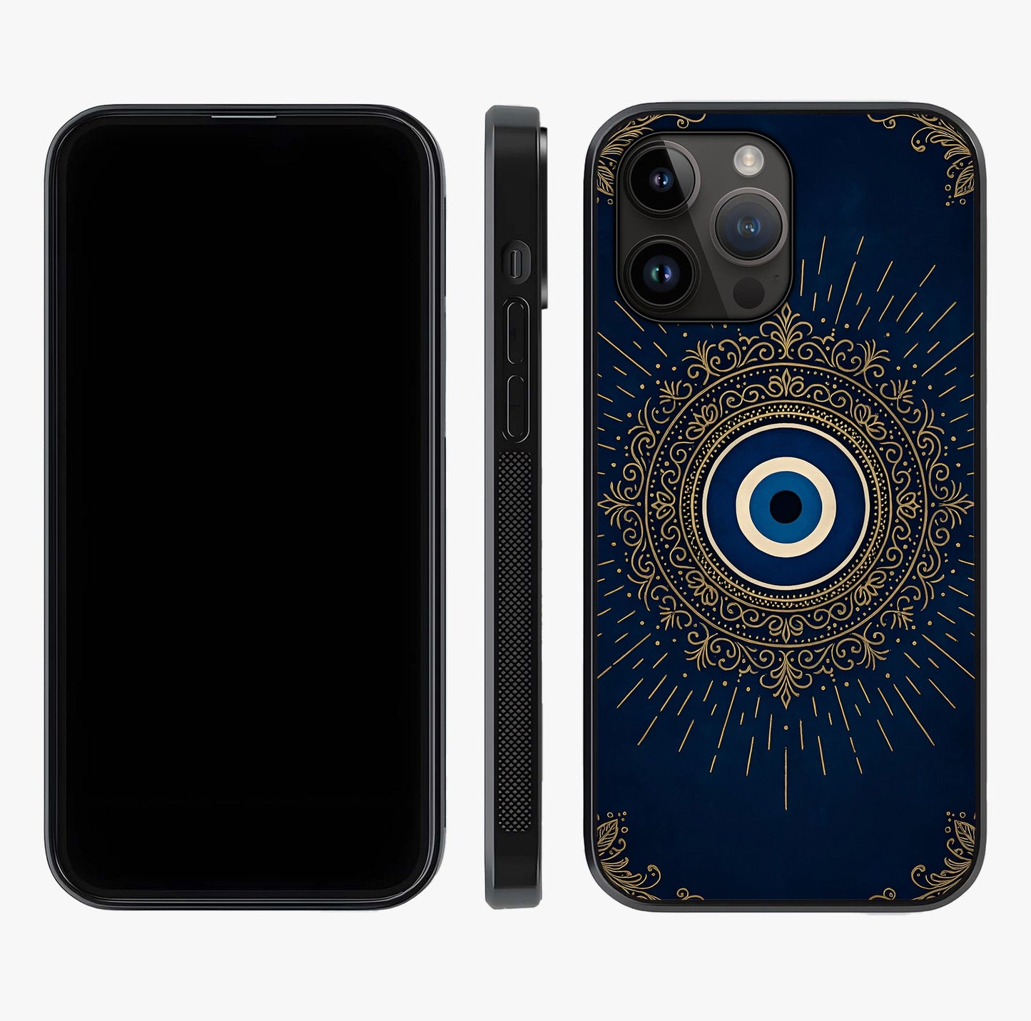 Golden Evil Eye Mandala Glass Case displayed upright for full design visibility and premium finish.