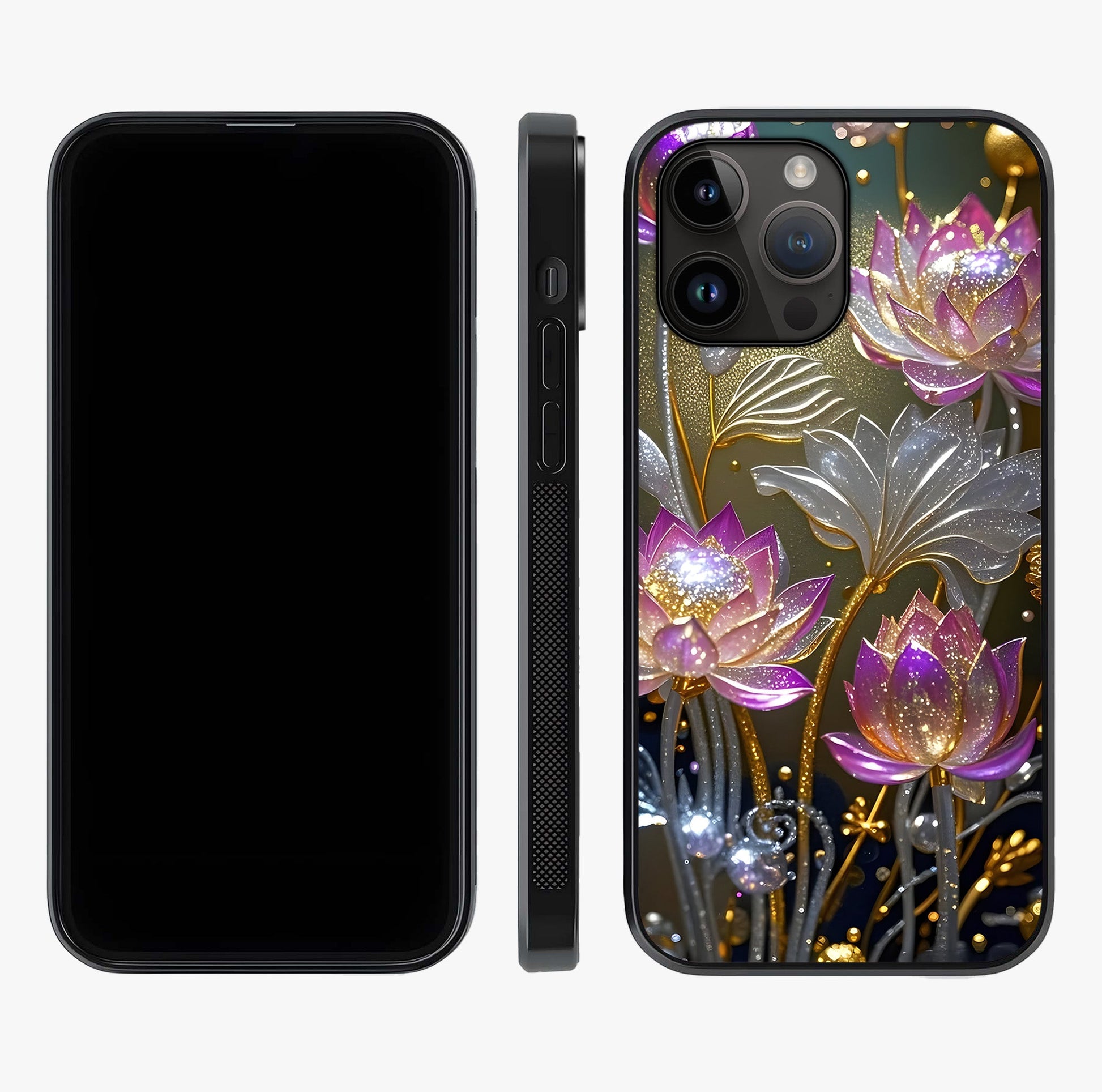 Golden Lotus Glow Glass Case displayed upright for full design visibility and premium finish.