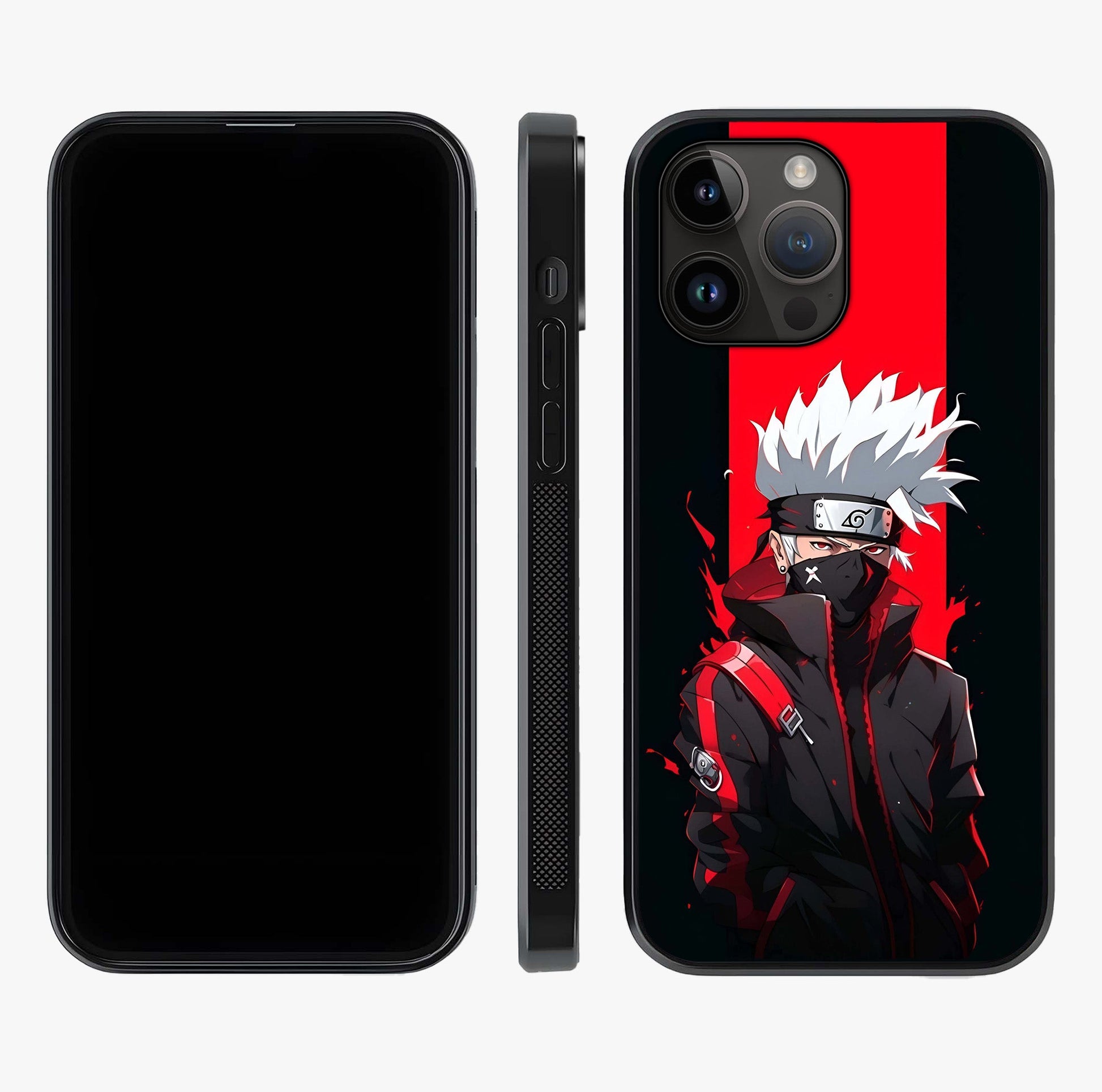 Kakashi Scarlet Shadow Glass Case displayed upright for full design visibility and premium finish.