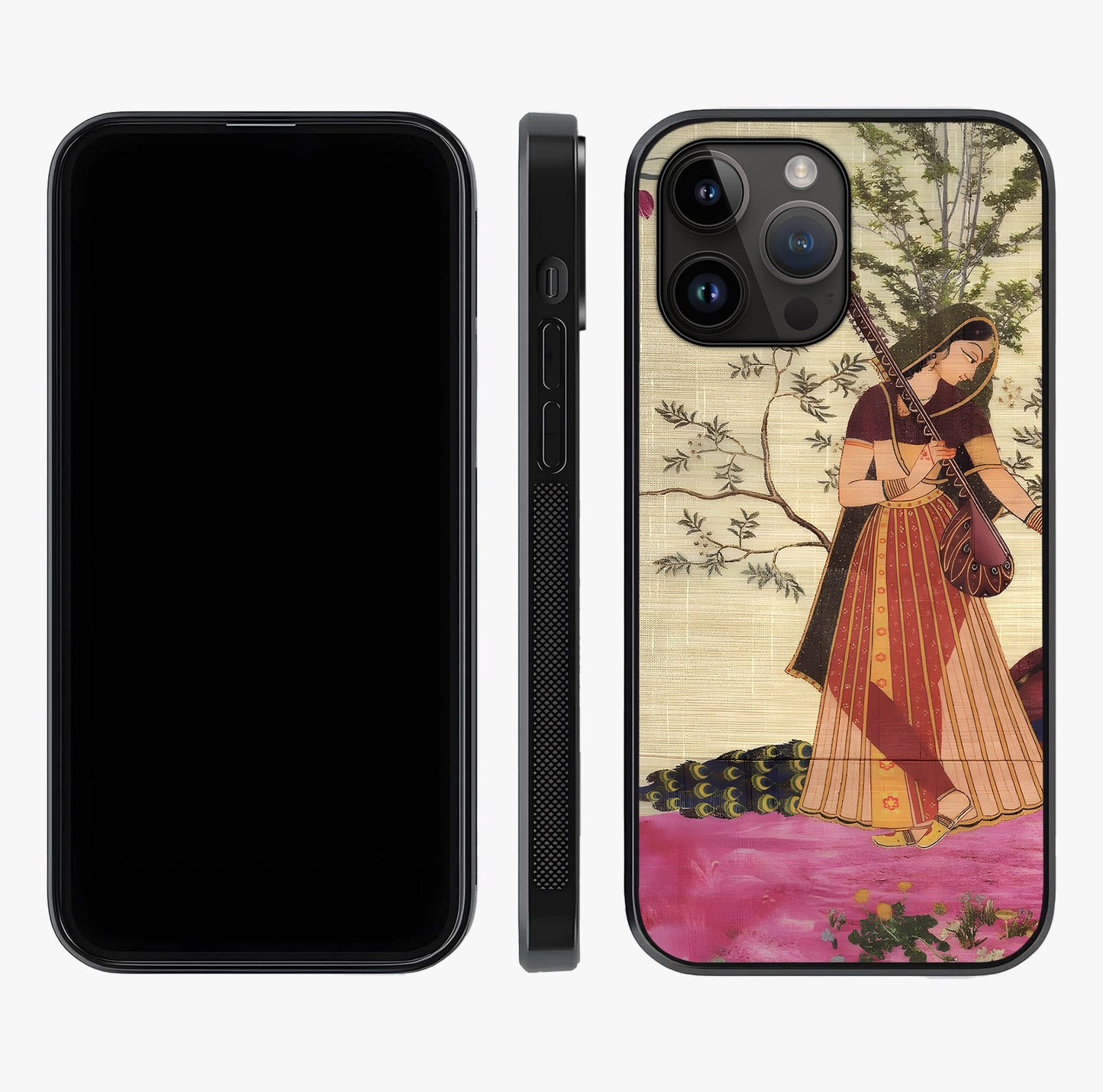 Lady With Veena Art Glass Case displayed upright for full design visibility and premium finish.