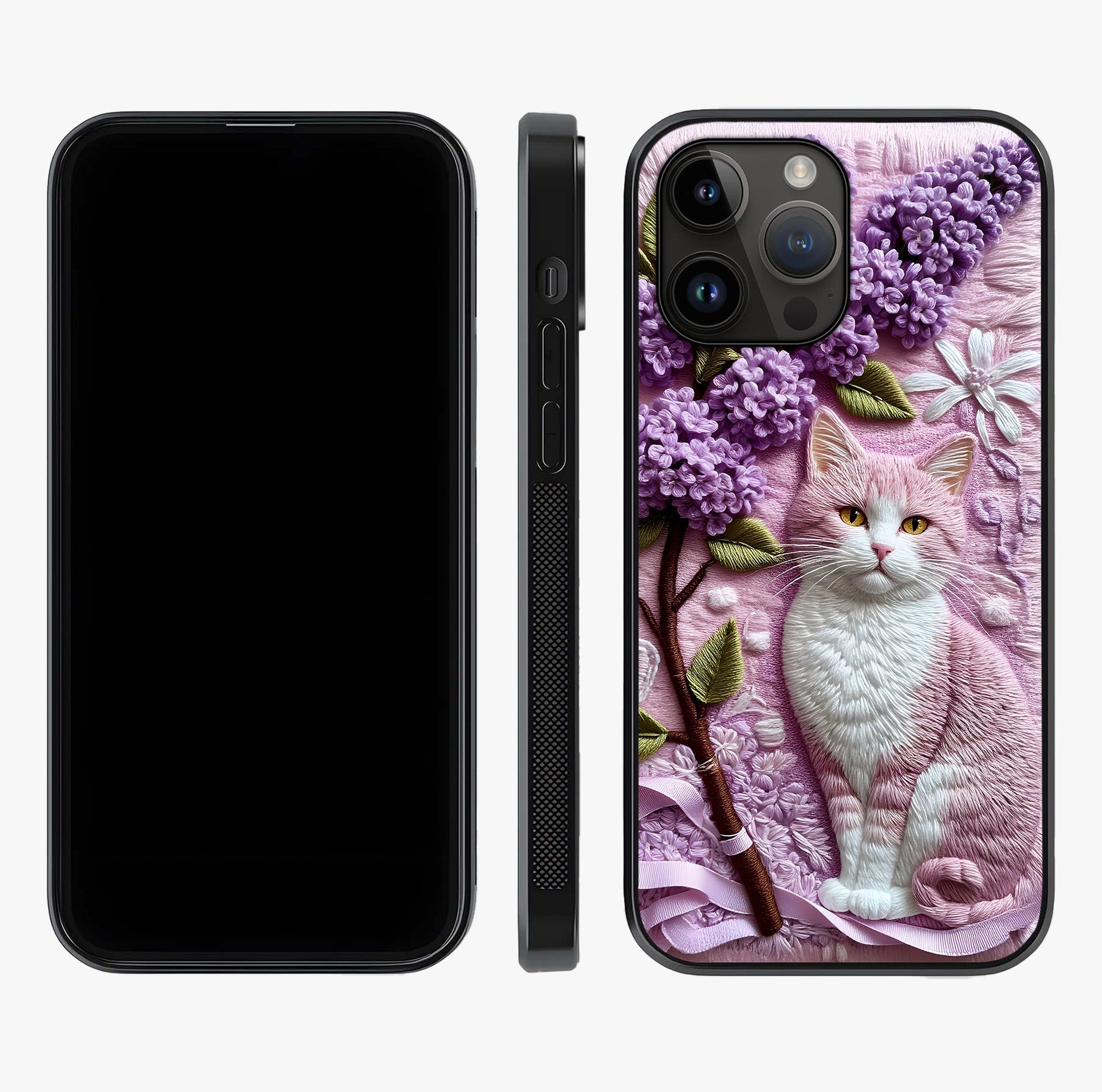 Lavender Cat Whimsy Glass Case displayed upright for full design visibility and premium finish.