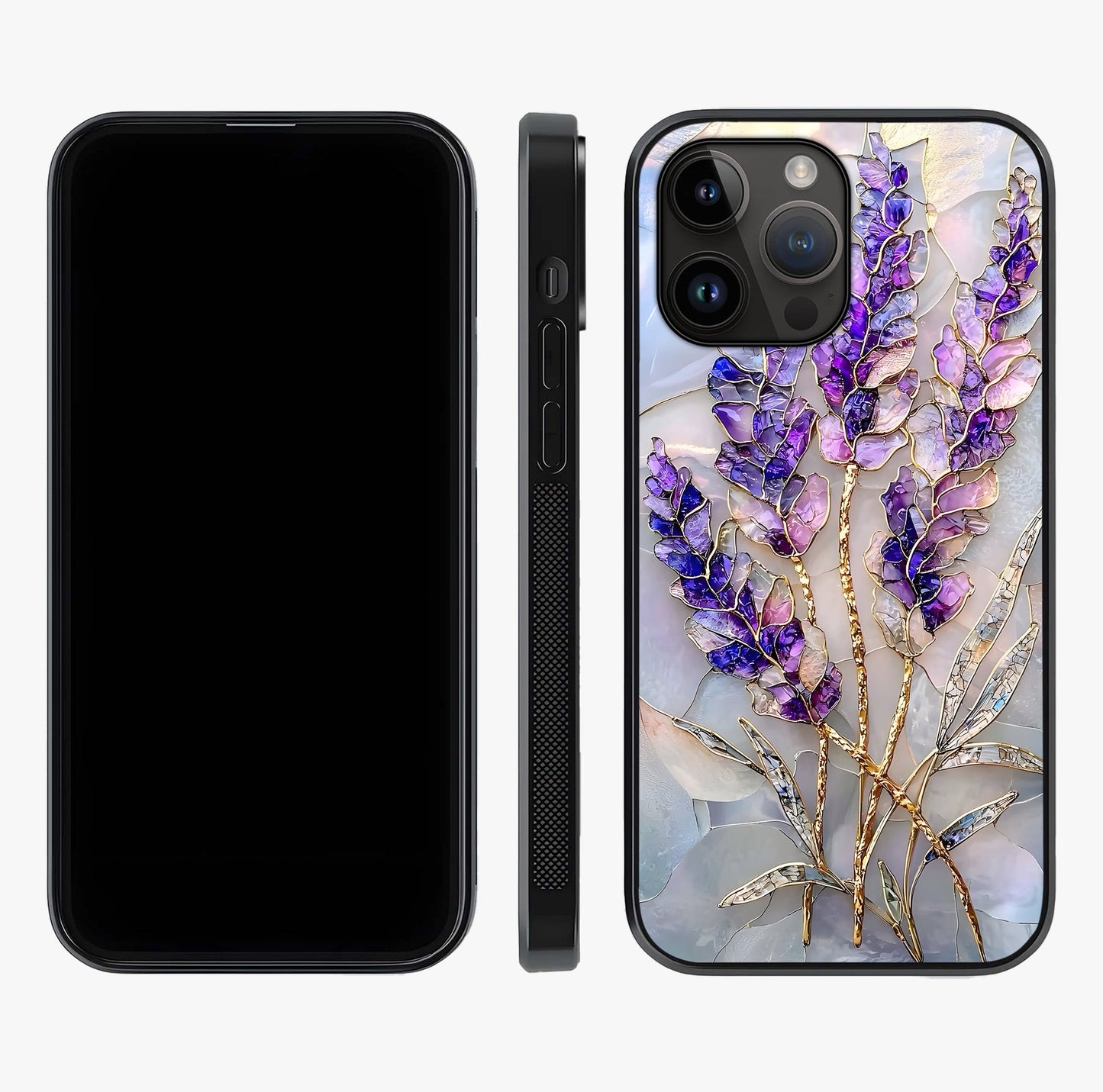 Lavender Dream Glow Glass Case displayed upright for full design visibility and premium finish.