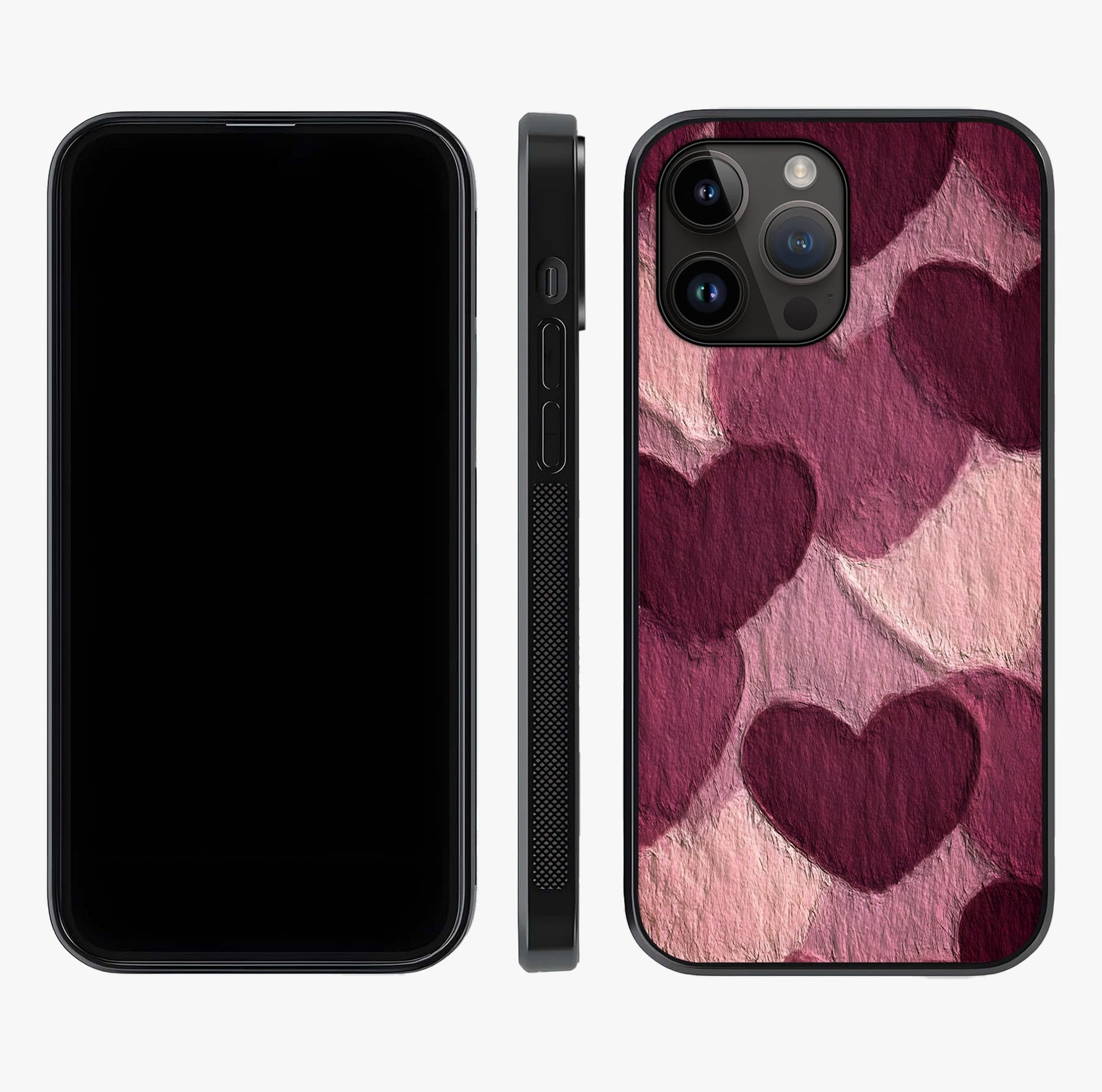 Layered Paper Hearts Glass Case displayed upright for full design visibility and premium finish.