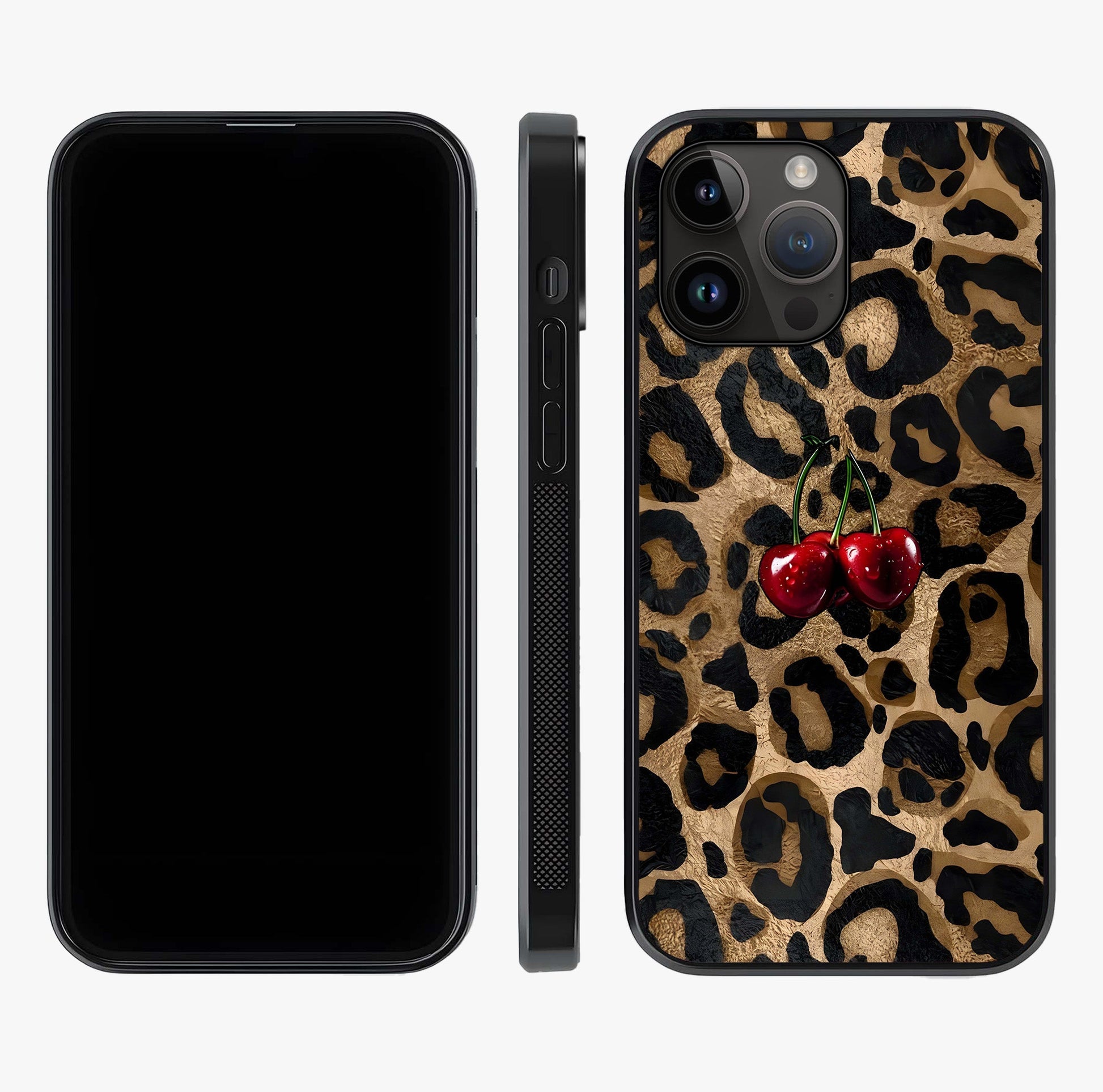 Leopard Wild Cherry Glass Case displayed upright for full design visibility and premium finish.
