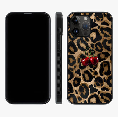 Leopard Wild Cherry Glass Case displayed upright for full design visibility and premium finish.