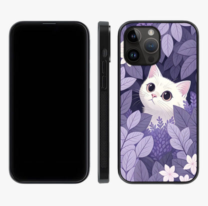 Lilac Hide Peek Cat Glass Case displayed upright for full design visibility and premium finish.