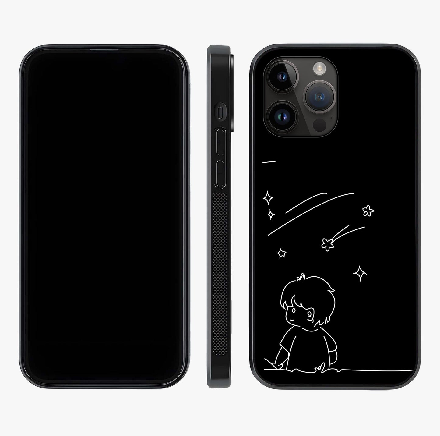 Line Art Boy With Shooting Stars Glass Case displayed upright for full design visibility and premium finish.
