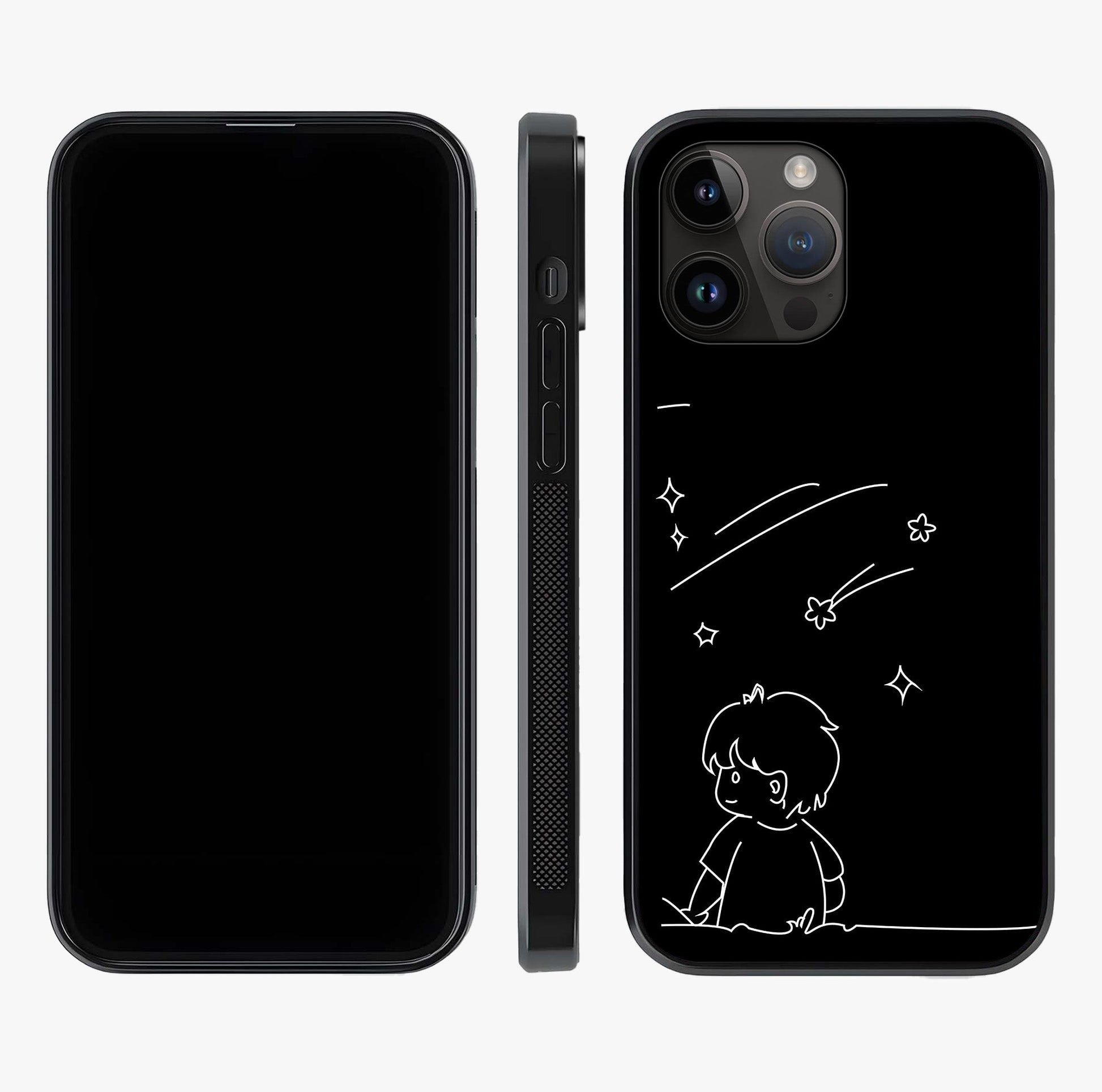 Line Art Boy With Shooting Stars Glass Case displayed upright for full design visibility and premium finish.