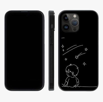 Line Art Boy With Shooting Stars Glass Case displayed upright for full design visibility and premium finish.