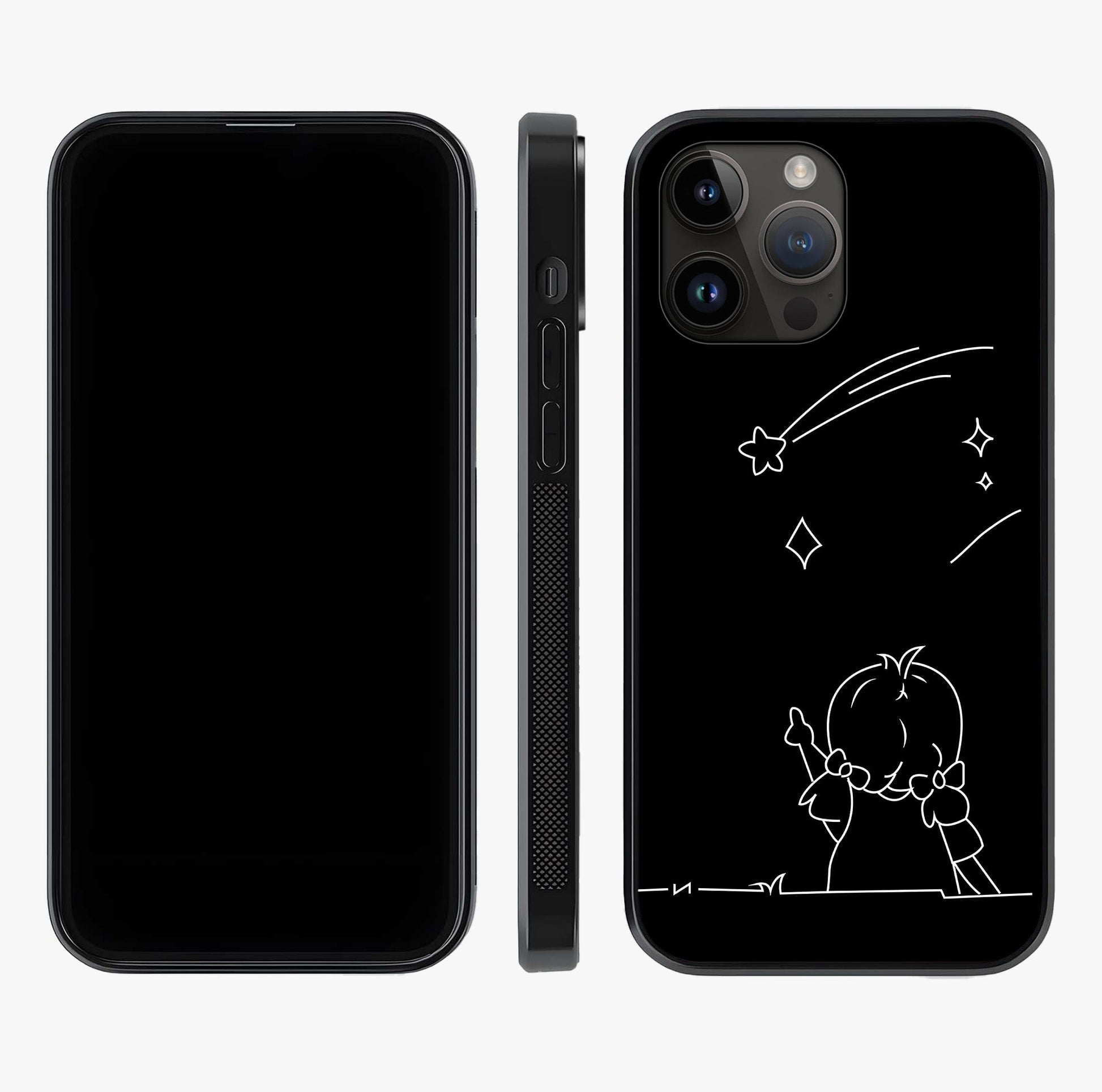 Line Art Girl With Shooting Stars Glass Case displayed upright for full design visibility and premium finish.