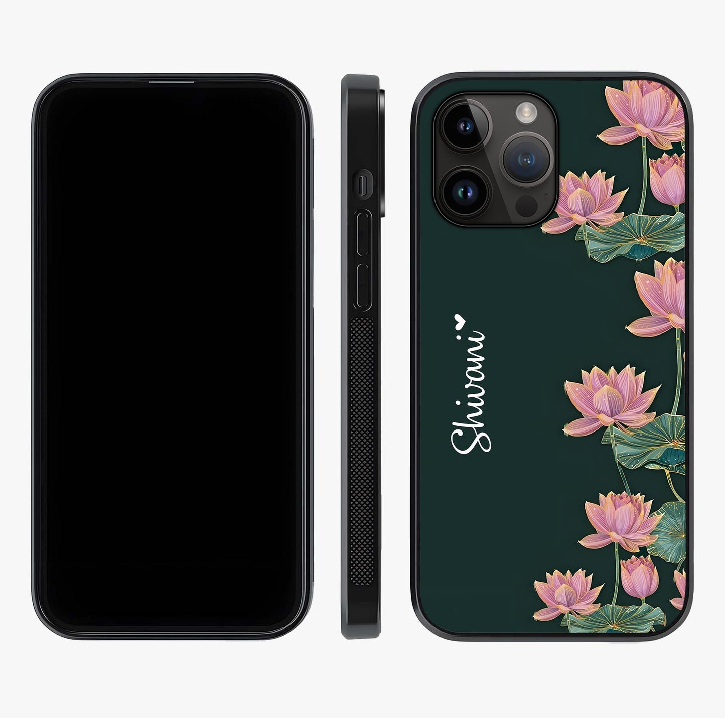 Lotus Bloom Serenity Custom Name Glass Case displayed upright for full design visibility and premium finish.