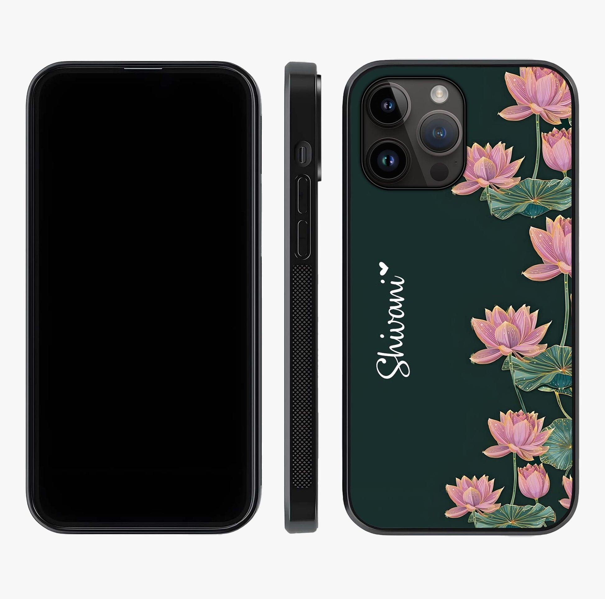 Lotus Bloom Serenity Custom Name Glass Case displayed upright for full design visibility and premium finish.