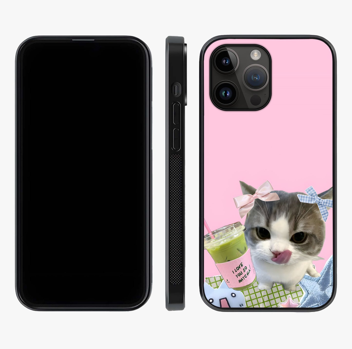 Love Matcha Cat Glass Case displayed upright for full design visibility and premium finish.