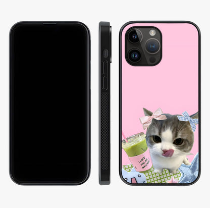 Love Matcha Cat Glass Case displayed upright for full design visibility and premium finish.