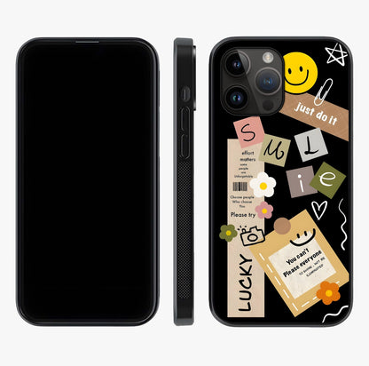 Lucky Aesthetic Collage Glass Case displayed upright for full design visibility and premium finish.