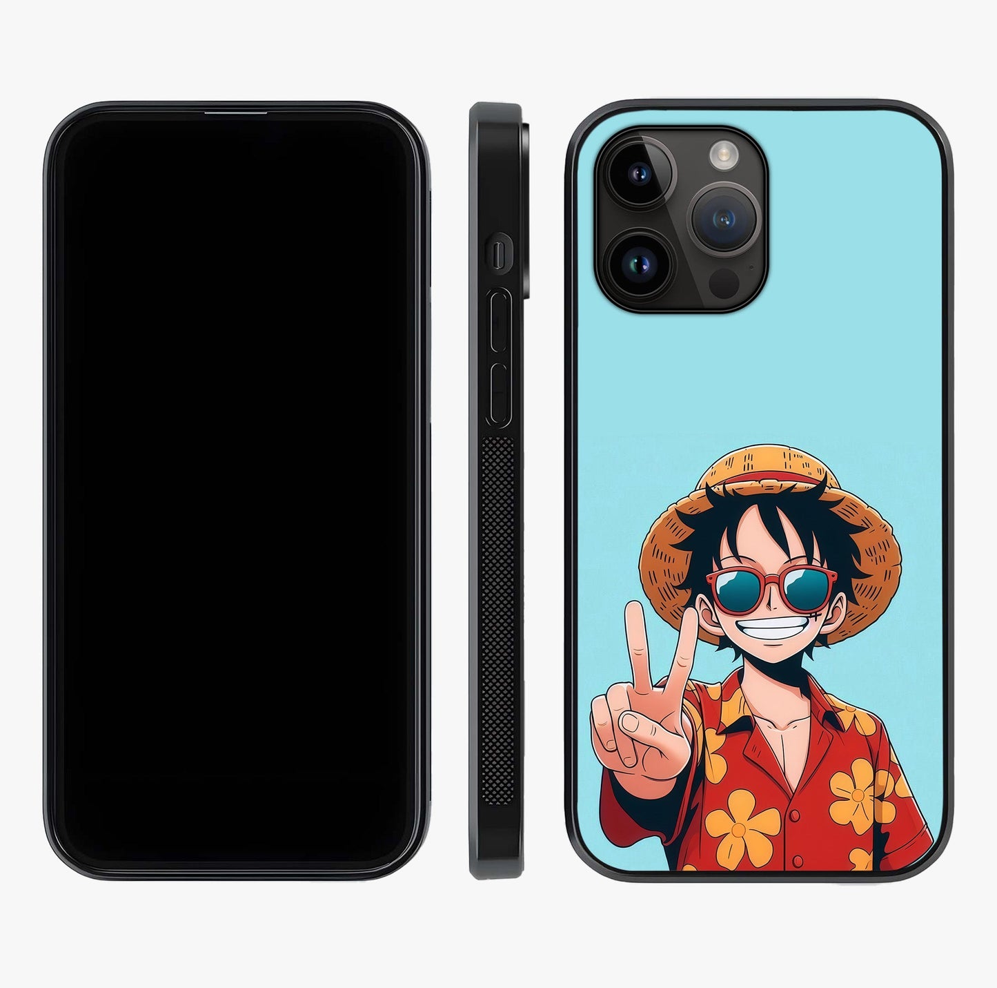 Luffy Summer Anime Vibe Glass Case displayed upright for full design visibility and premium finish.