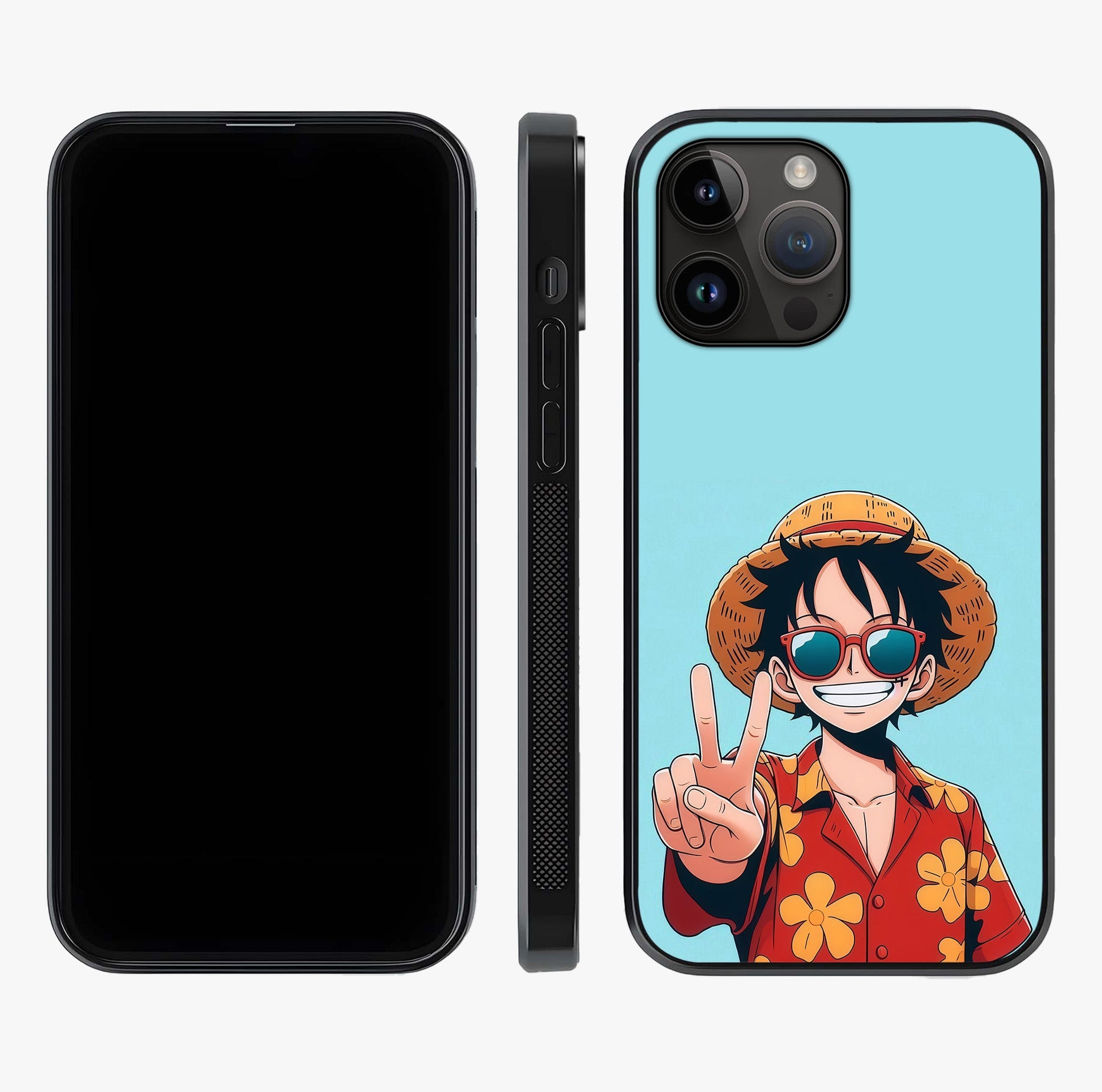 Luffy Summer Anime Vibe Glass Case displayed upright for full design visibility and premium finish.
