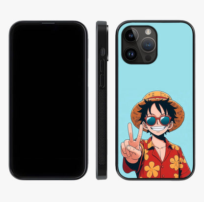 Luffy Summer Anime Vibe Glass Case displayed upright for full design visibility and premium finish.