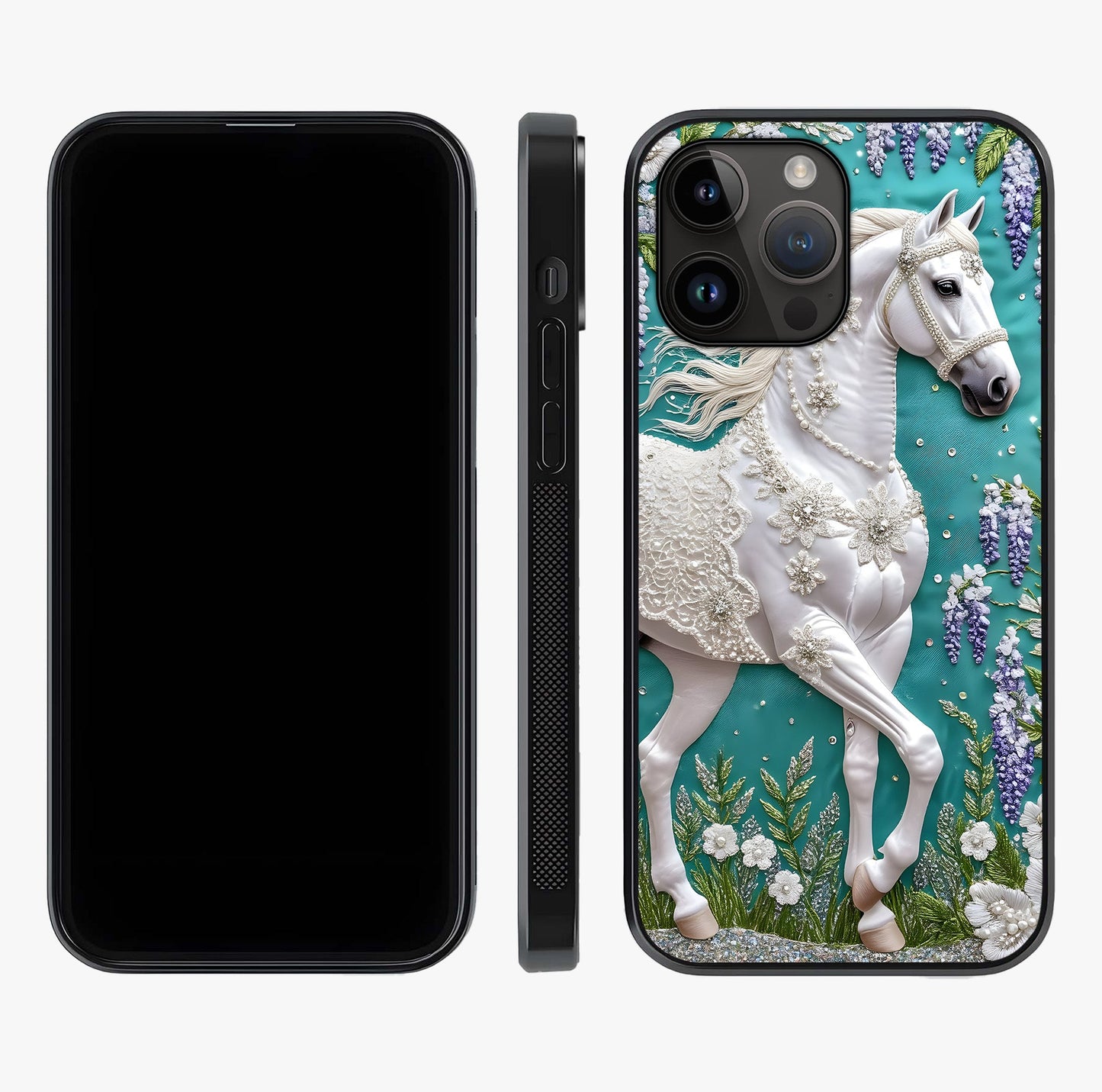 Majestic Floral Stallion Glass Case displayed upright for full design visibility and premium finish.