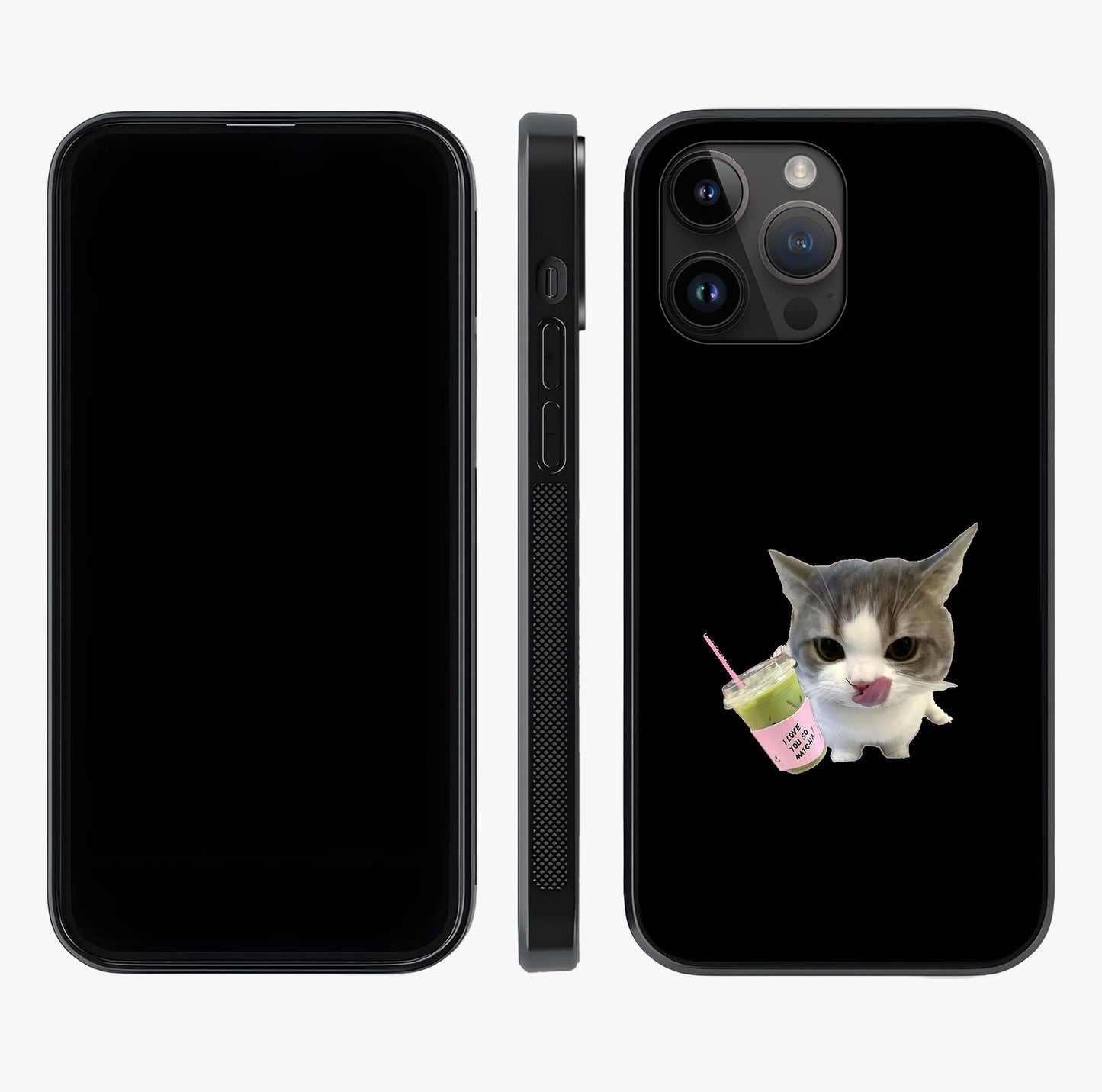 Matcha Cat Style Glass Case displayed upright for full design visibility and premium finish.