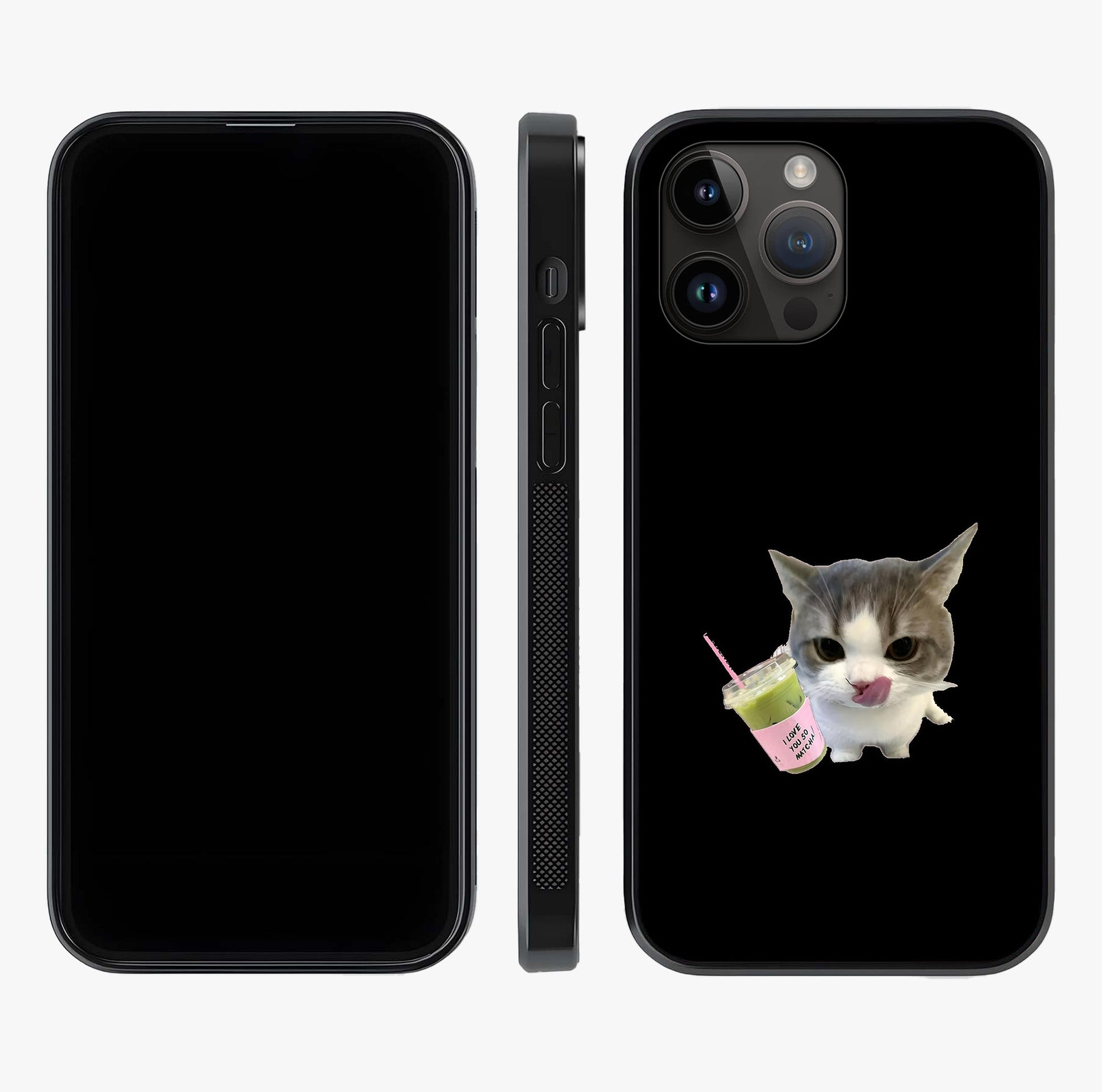 Matcha Cat Style Glass Case displayed upright for full design visibility and premium finish.