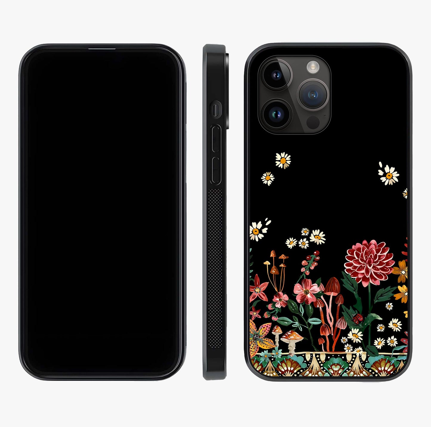 Midnight Bloom Pattern Glass Case displayed upright for full design visibility and premium finish.