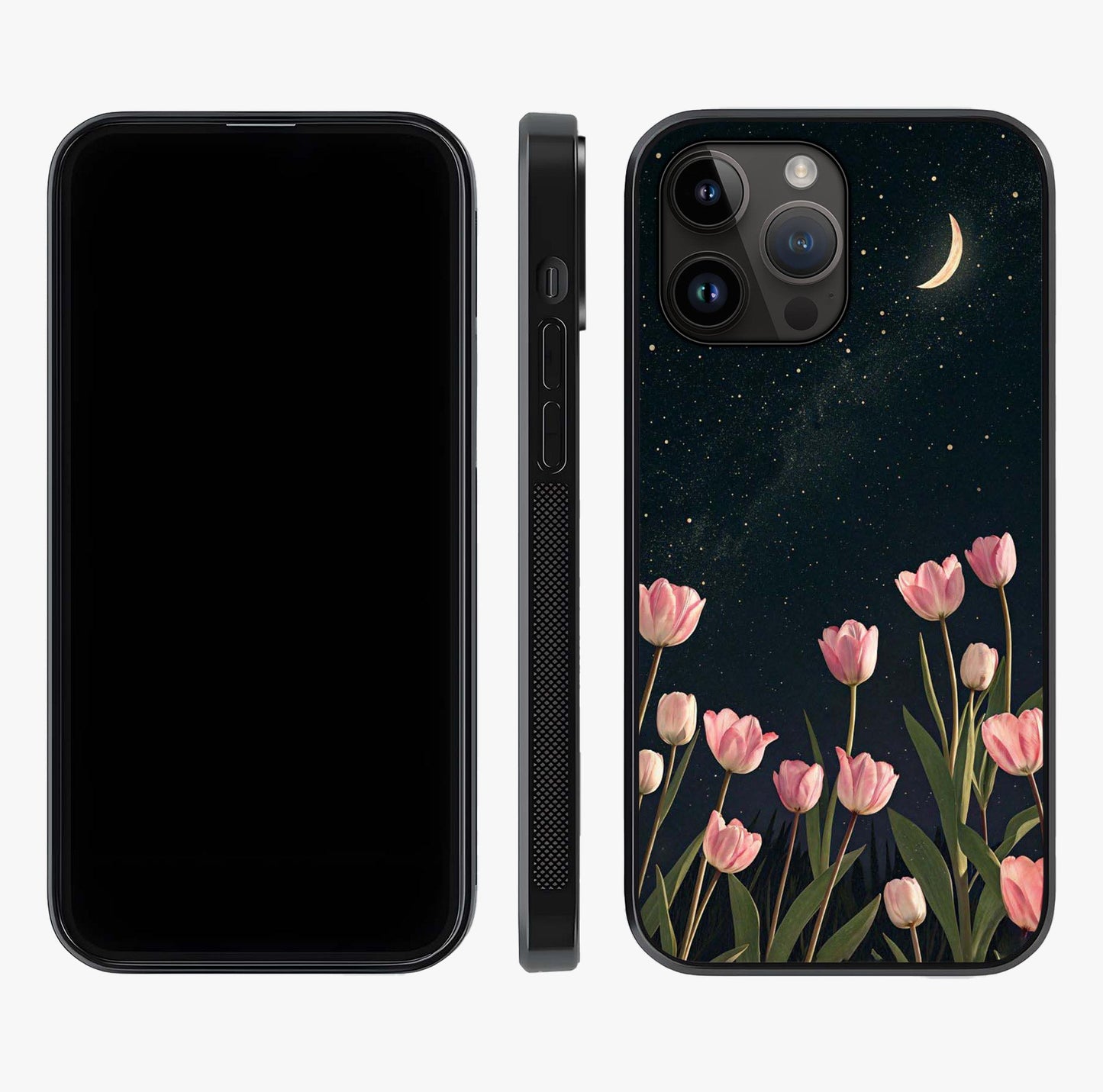 Midnight Tulip Whispers Vibe Glass Case displayed upright for full design visibility and premium finish.
