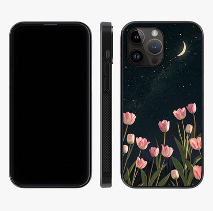 Midnight Tulip Whispers Vibe Glass Case displayed upright for full design visibility and premium finish.