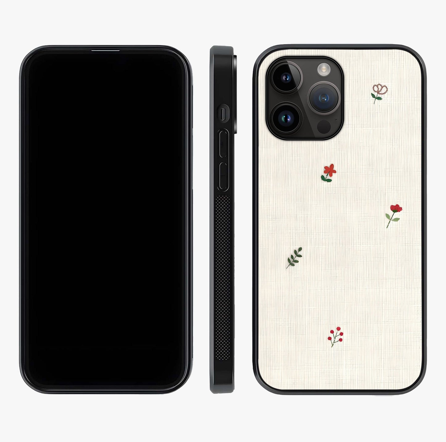 Minimal Petal Whispers Glass Case displayed upright for full design visibility and premium finish.