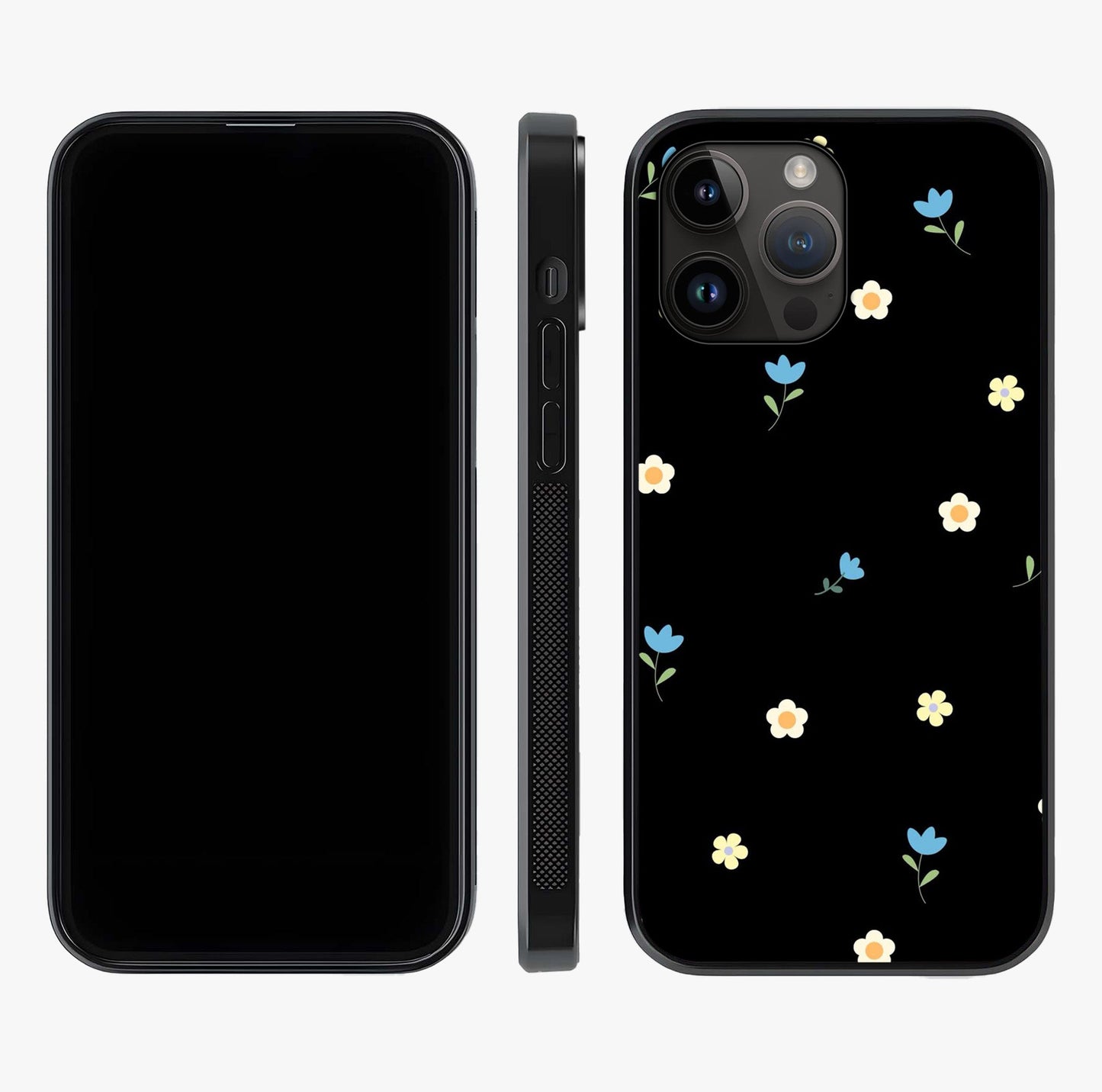Minimalistic Blue With White Flower Pattern Glass Case displayed upright for full design visibility and premium finish.