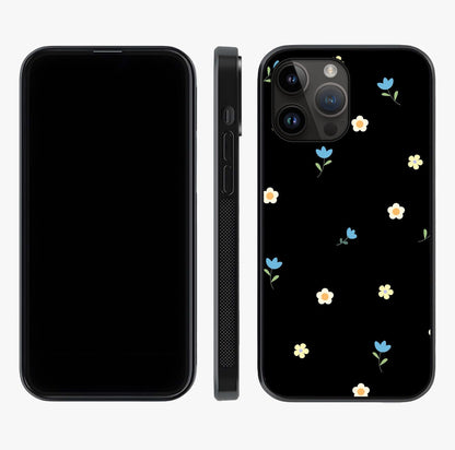 Minimalistic Blue With White Flower Pattern Glass Case displayed upright for full design visibility and premium finish.