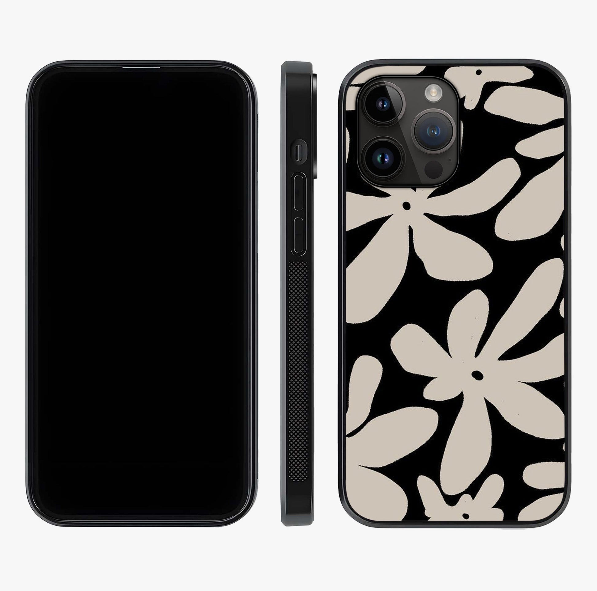 Monochrome Petal Dance Glass Case displayed upright for full design visibility and premium finish.