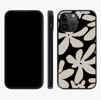 Monochrome Petal Dance Glass Case displayed upright for full design visibility and premium finish.