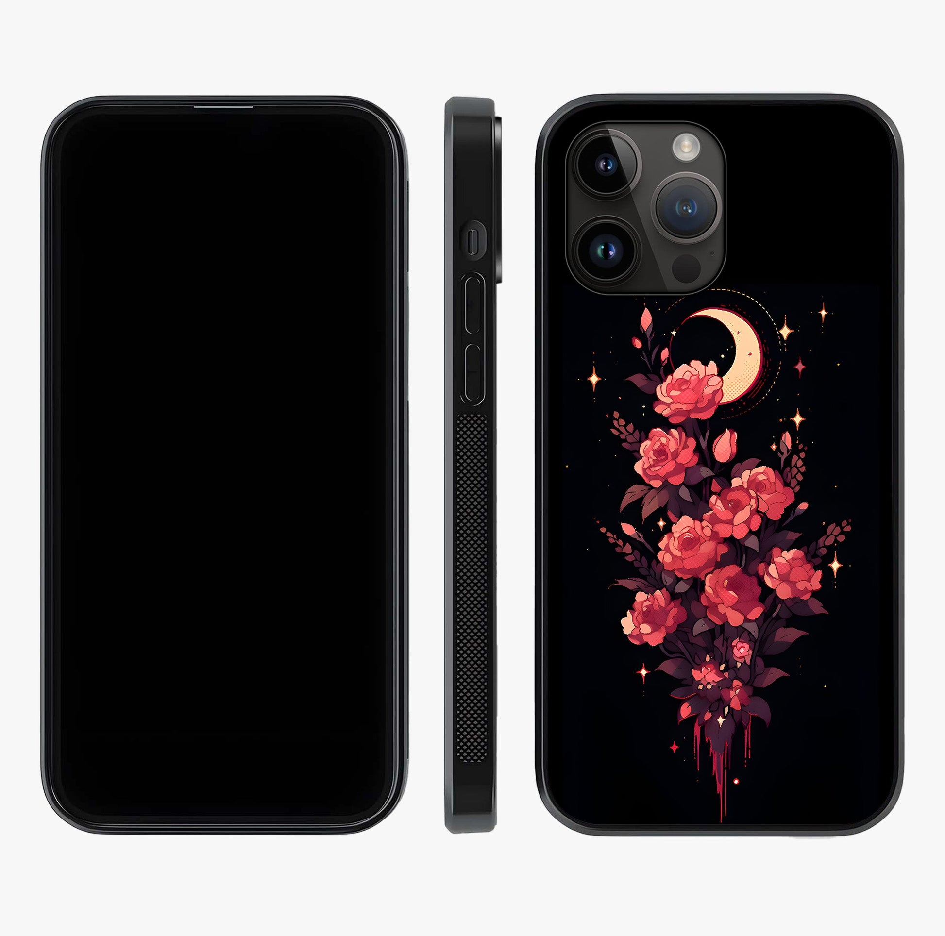 Moonlit Floral Elegance Glass Case displayed upright for full design visibility and premium finish.