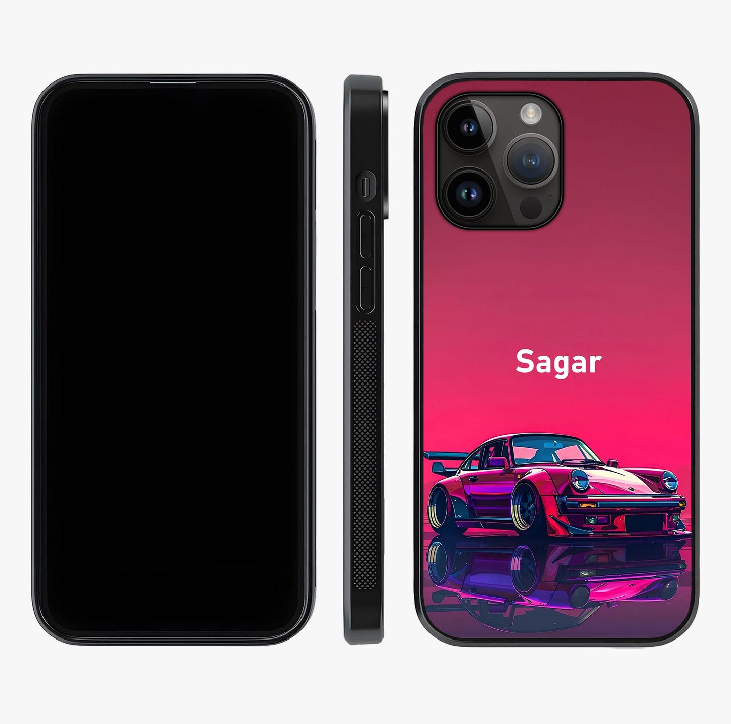 Neon Pink Porsche Glass Case displayed upright for full design visibility and premium finish.