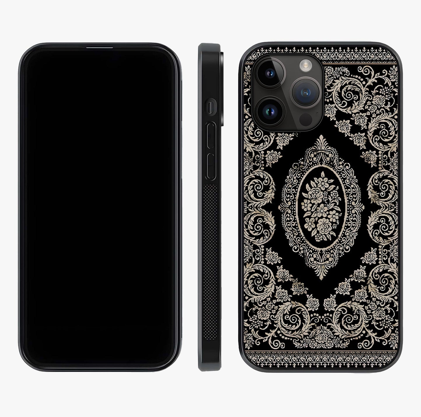 Noir Bloom Elegance Glass Case displayed upright for full design visibility and premium finish.