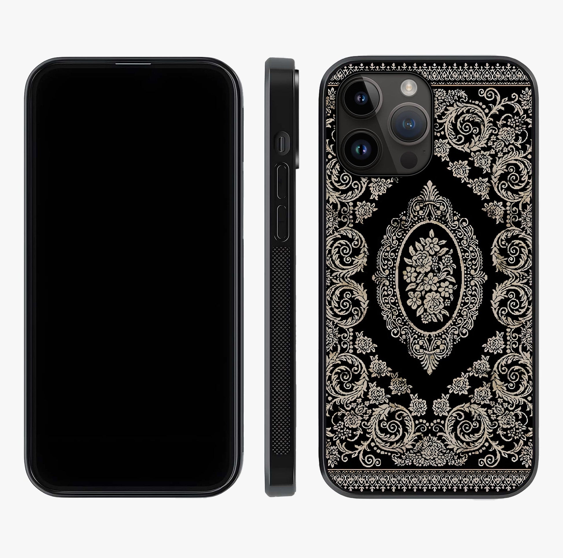 Noir Bloom Elegance Glass Case displayed upright for full design visibility and premium finish.