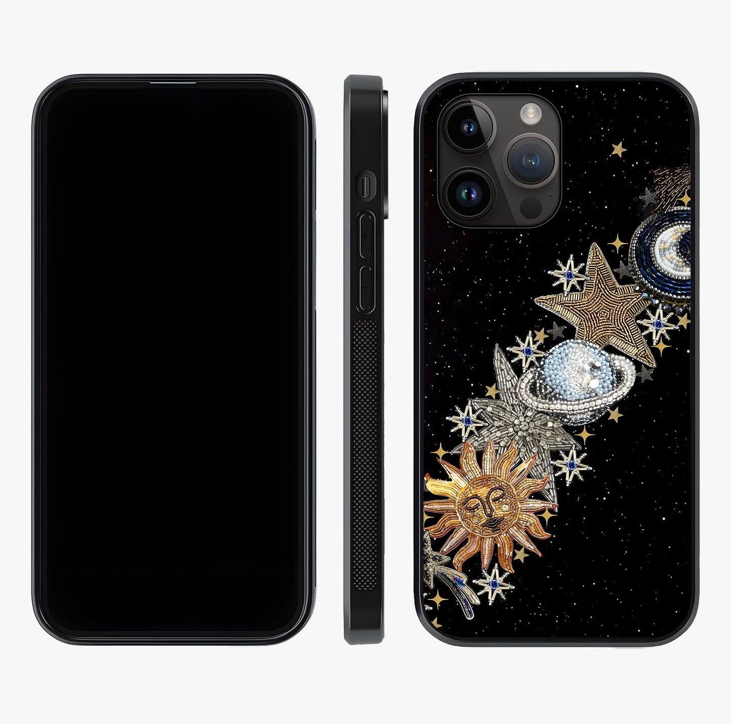 Pearls Universe Object Glass Case displayed upright for full design visibility and premium finish.