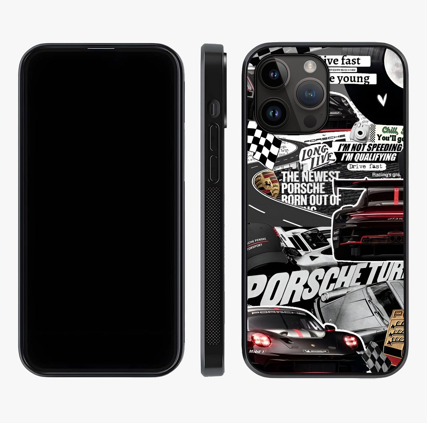 Porsche Racing Collage Glass Case displayed upright for full design visibility and premium finish.