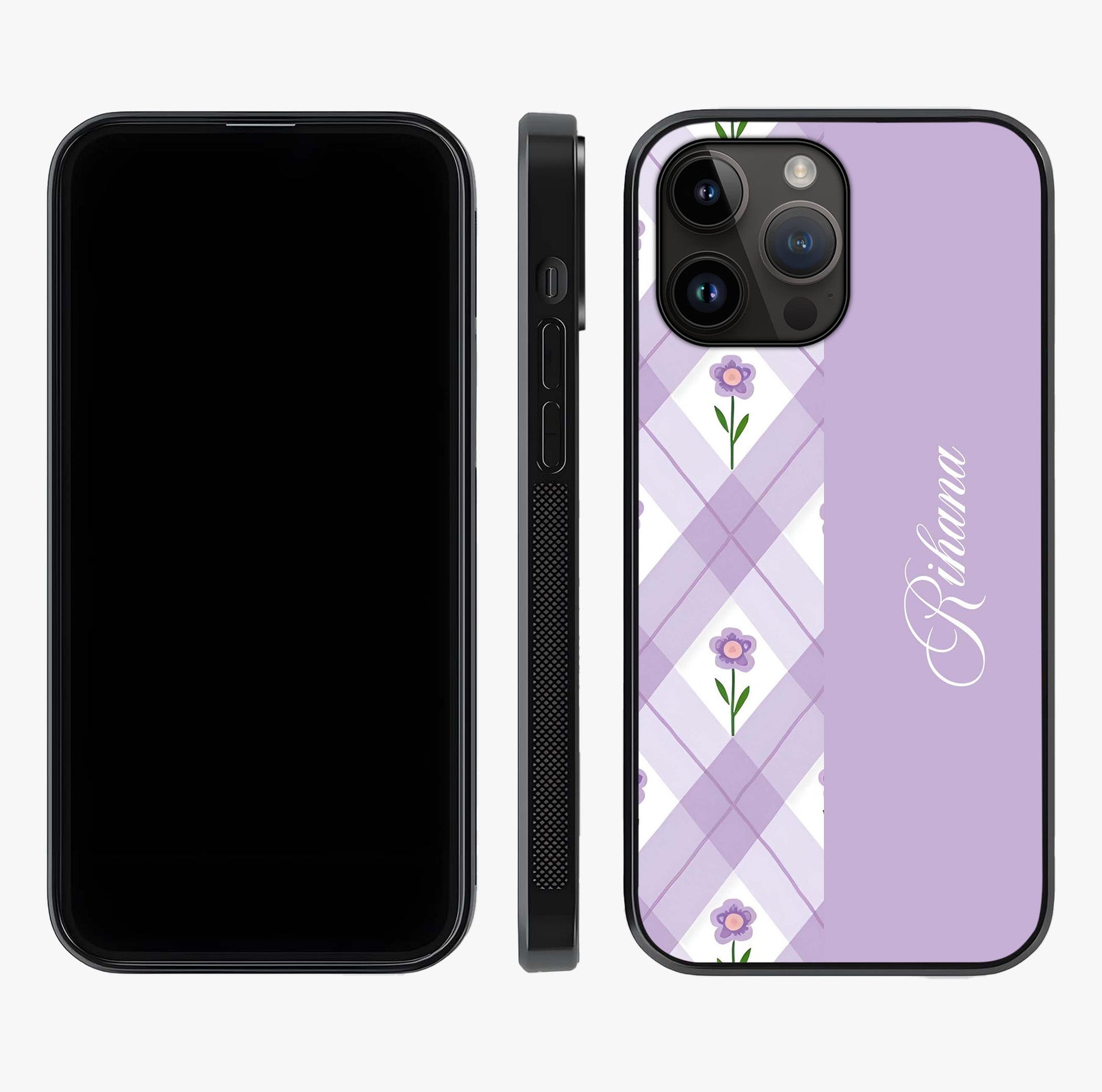 Purple Diamond Floral Glass Case displayed upright for full design visibility and premium finish.