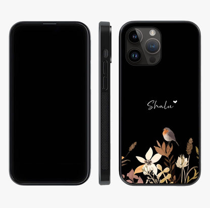 Quiet Garden Tune Custom Name Glass Case displayed upright for full design visibility and premium finish.