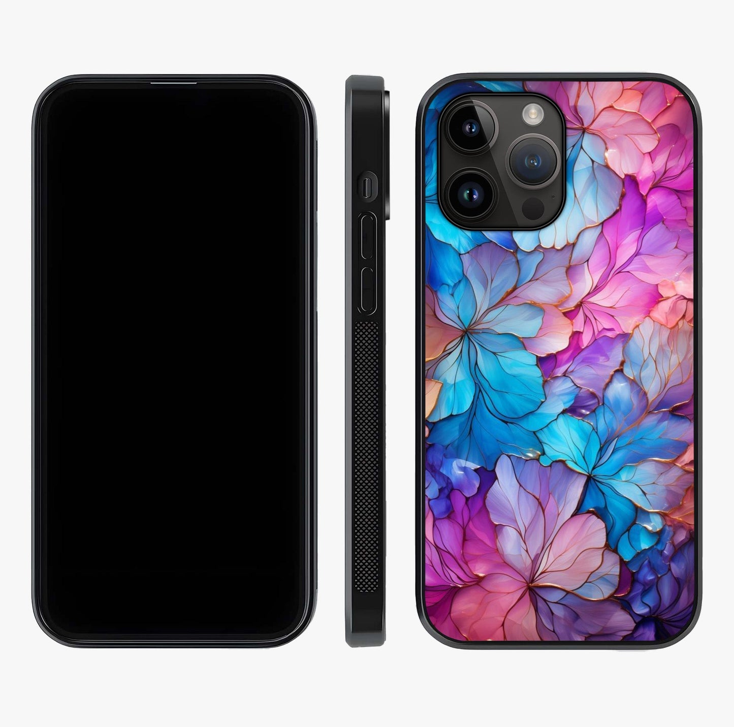 Radiant Floral Whirl Glass Case displayed upright for full design visibility and premium finish.