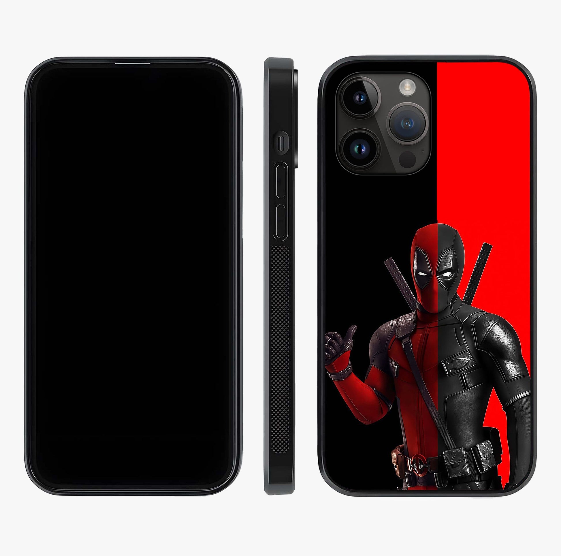 Red & Black Deadpool Theme Glass Case displayed upright for full design visibility and premium finish.