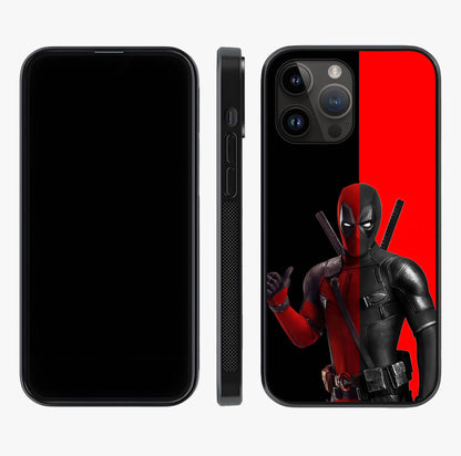 Red & Black Deadpool Theme Glass Case displayed upright for full design visibility and premium finish.