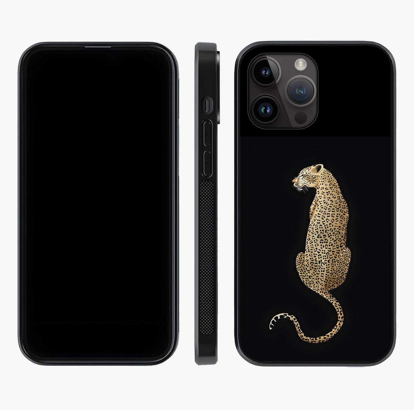 Regal Leopard Glass Case displayed upright for full design visibility and premium finish.