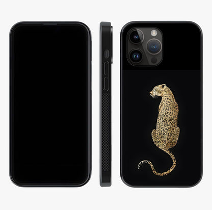 Regal Leopard Glass Case displayed upright for full design visibility and premium finish.
