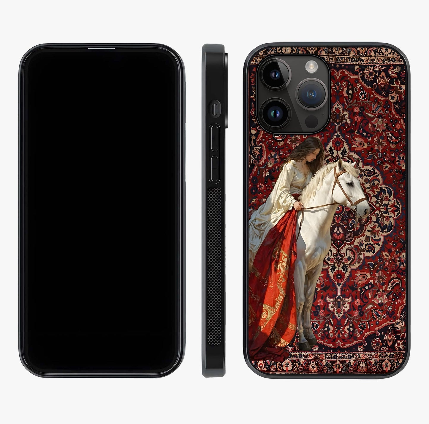 Royal Rider Tapestry Glass Case displayed upright for full design visibility and premium finish.