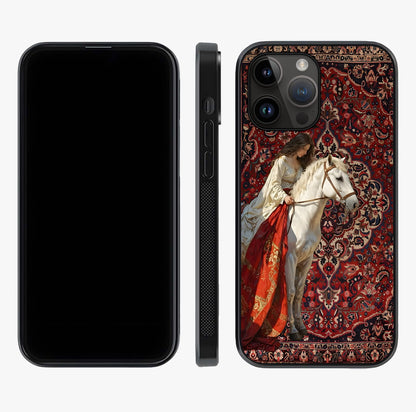 Royal Rider Tapestry Glass Case displayed upright for full design visibility and premium finish.