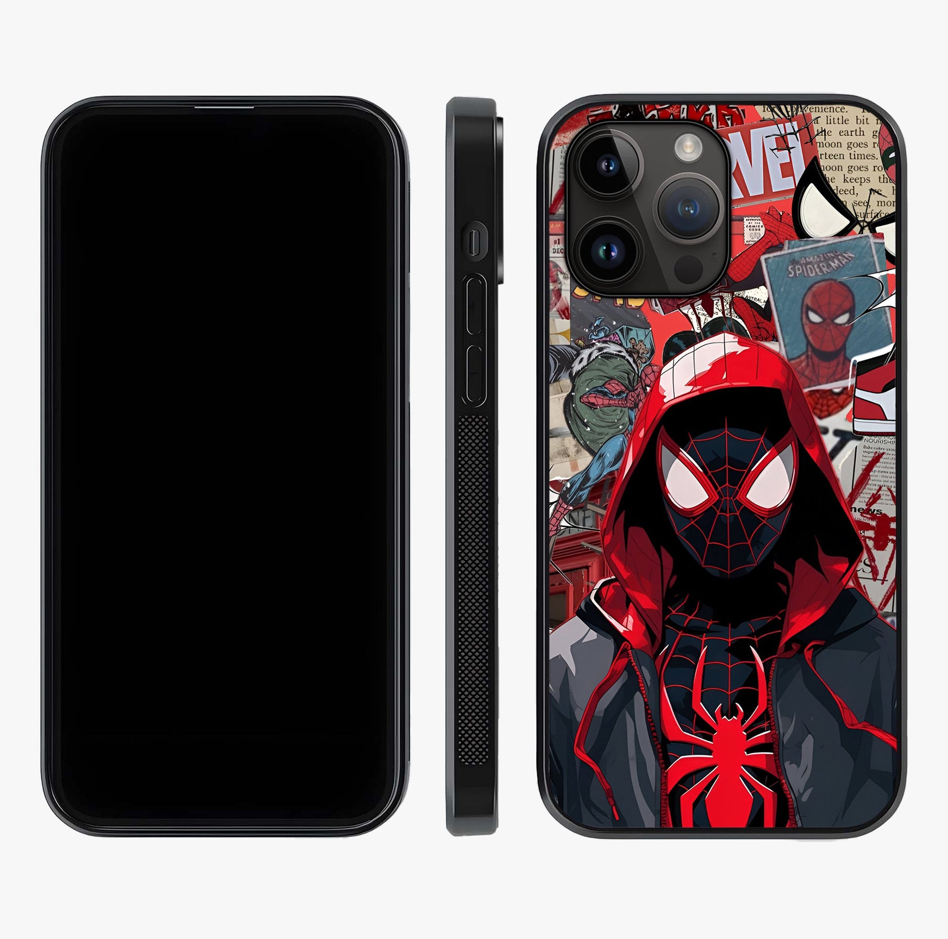 Spider Collage Street Glass Case displayed upright for full design visibility and premium finish.